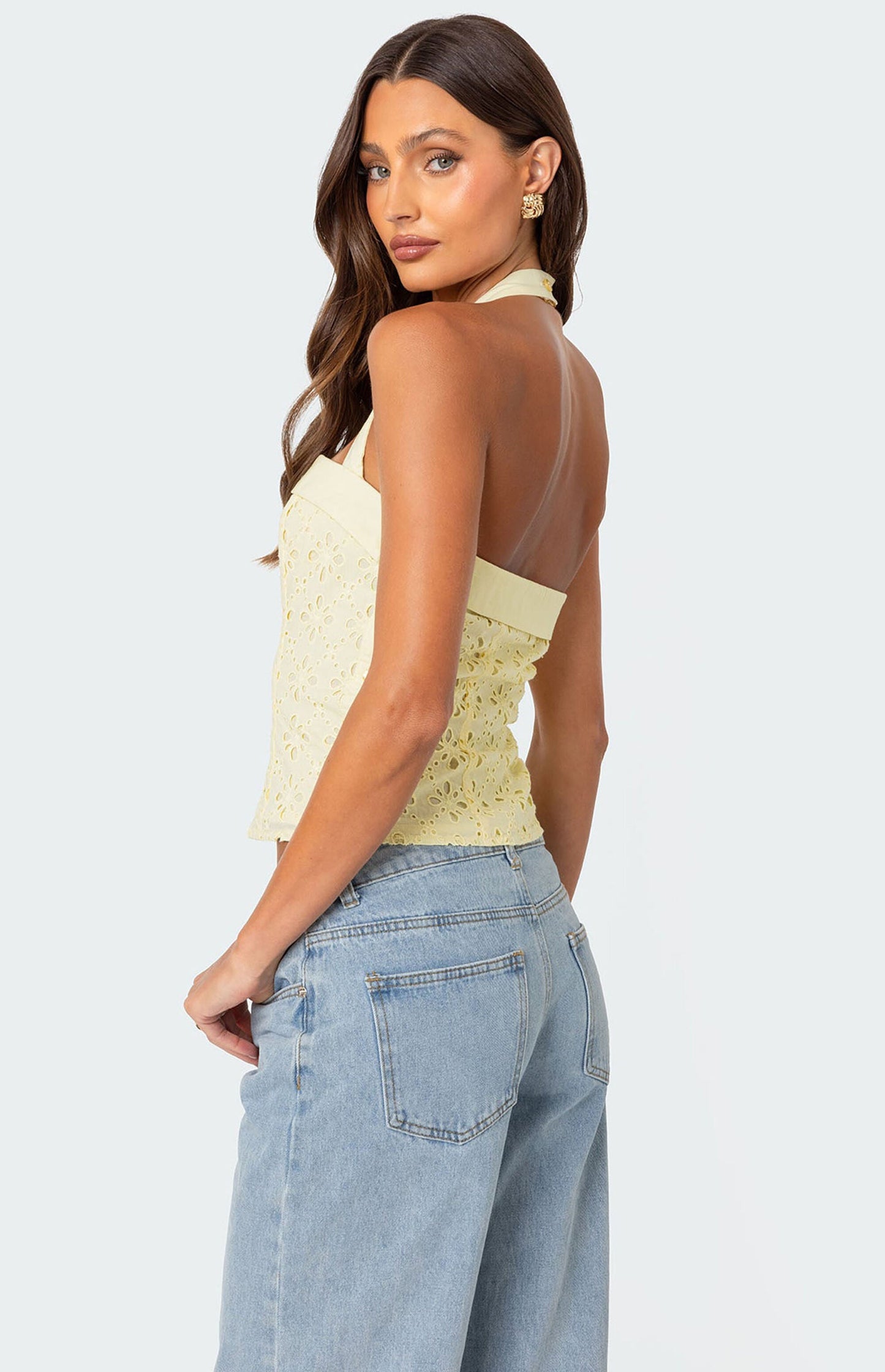 LIARA - SIDE BUTTON EYELET HALTER TOP