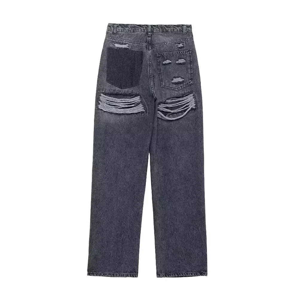 High Waist Denim Patchwork Pants Distressed Ripped Jeans